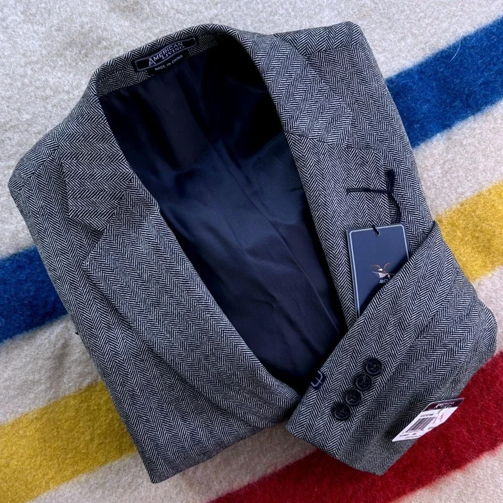 Mens Classic Herringbone Wool Blazer 40R Grey‎ Sport Coat American Living